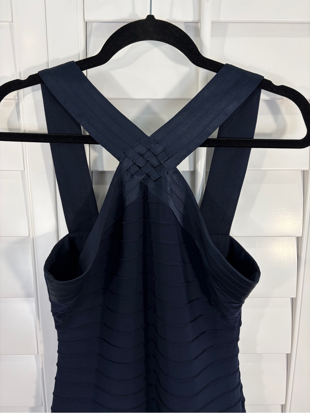 WHBM Navy Cross-Front Bodycon Midi Dress (2) - Picture 6 of 9